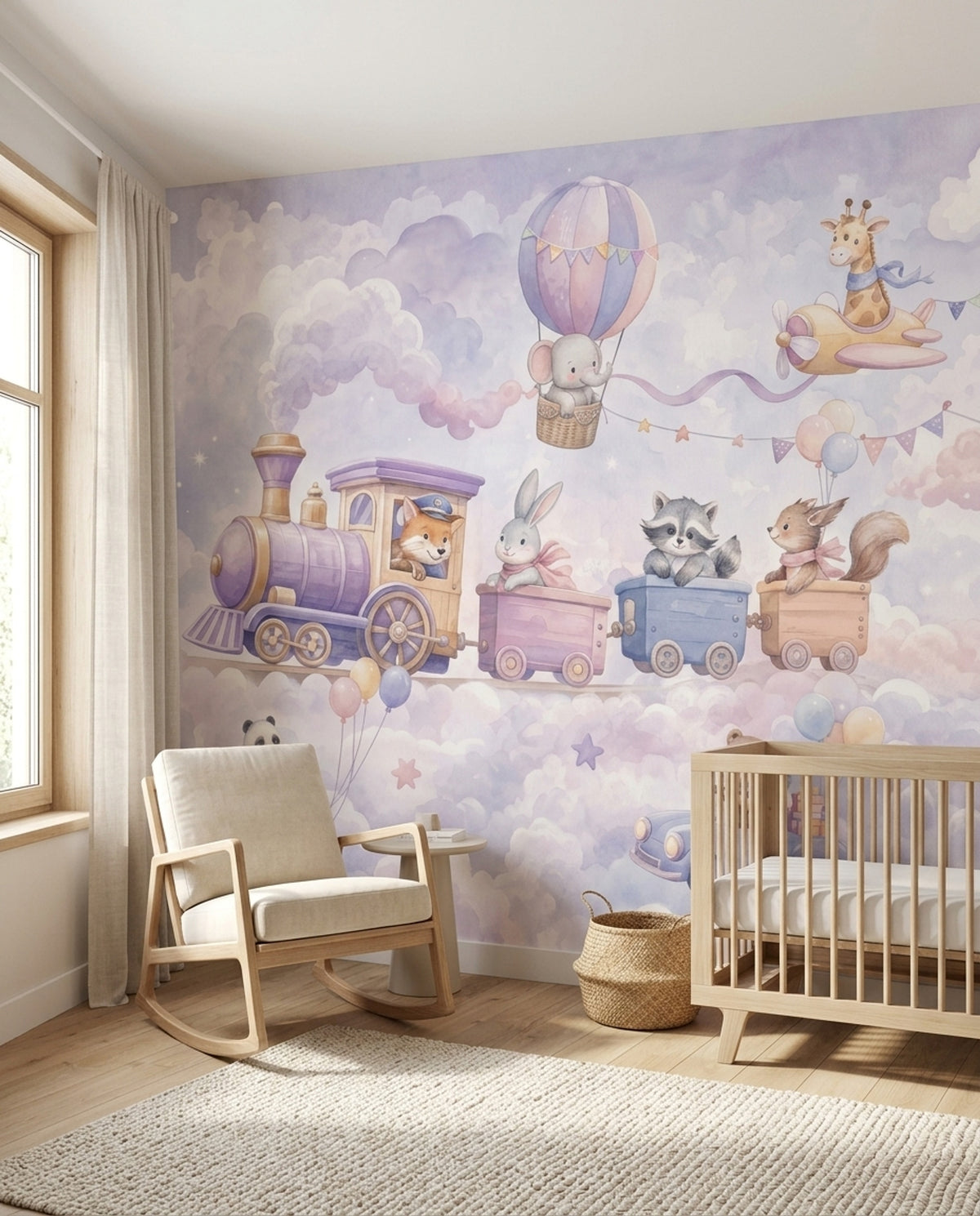 Pastel Animal Train Wallpaper Watercolor Nursery Wall Mural