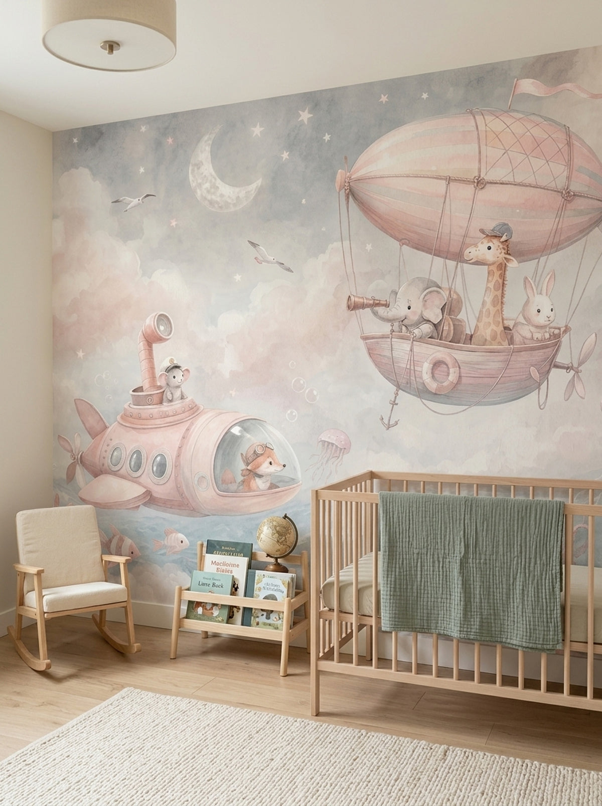 Whimsical Airship Animals Wallpaper Pastel Coastal Wall Mural