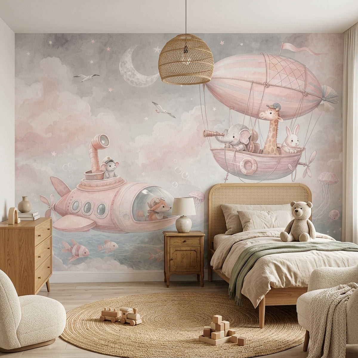 Whimsical Airship Animals Wallpaper Pastel Coastal Wall Mural