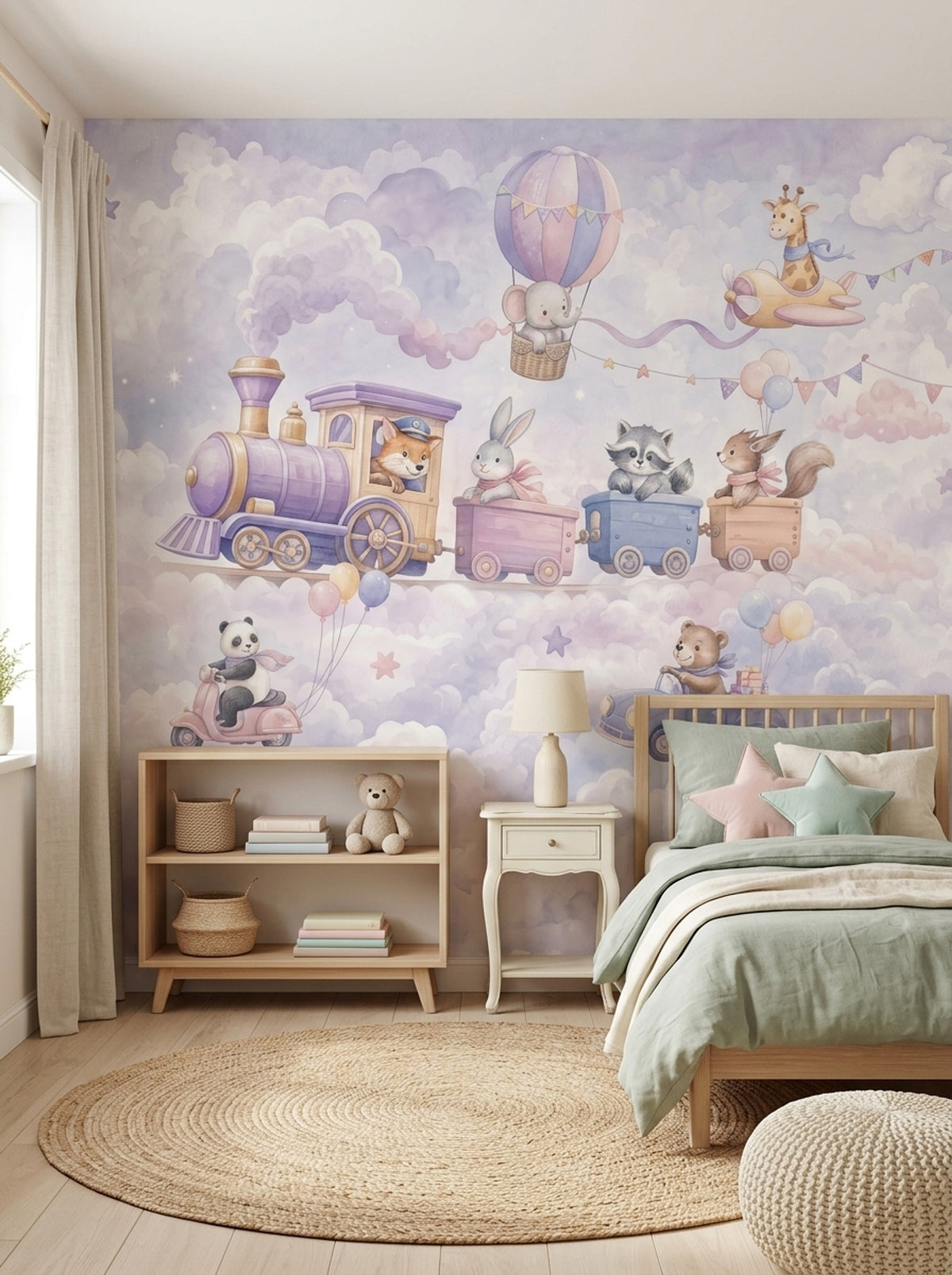 Pastel Animal Train Wallpaper Watercolor Nursery Wall Mural