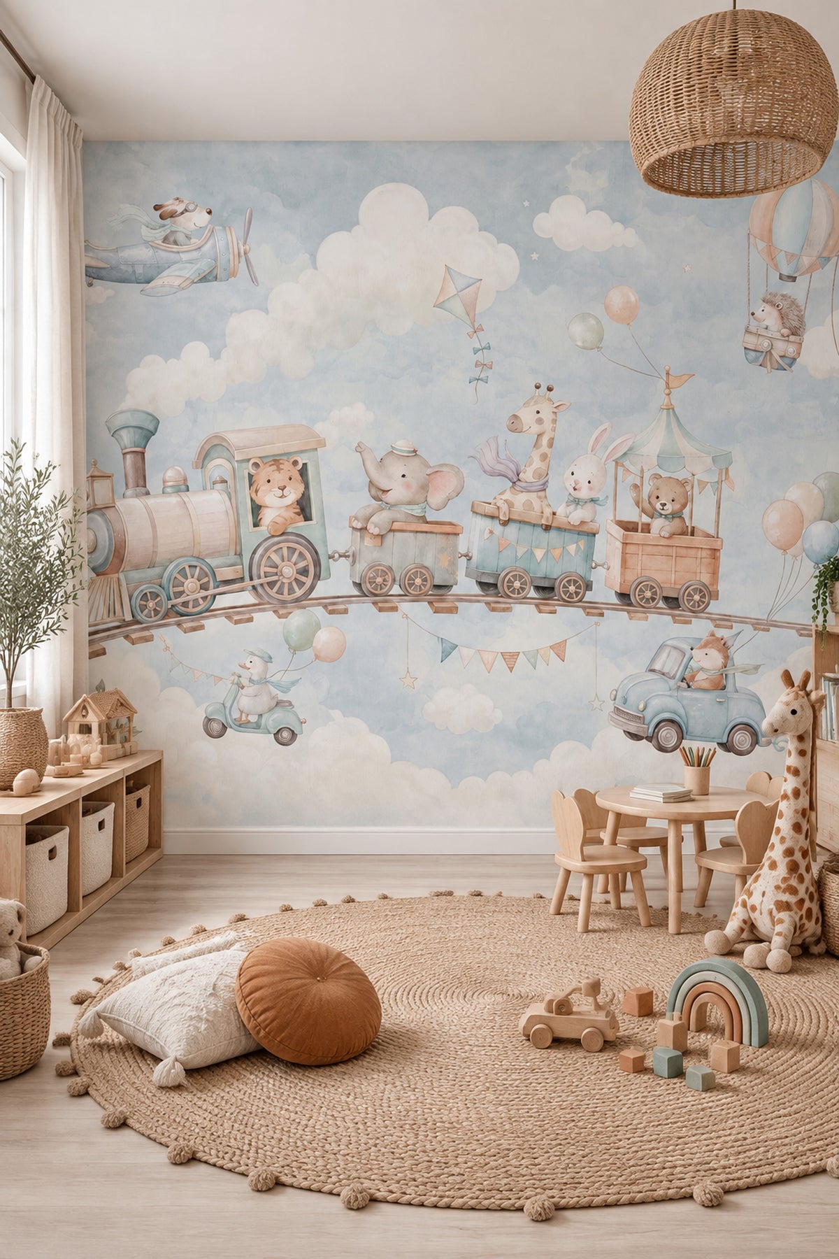Toy Train And Sky Animals Wallpaper Watercolor Kids Wall Mural