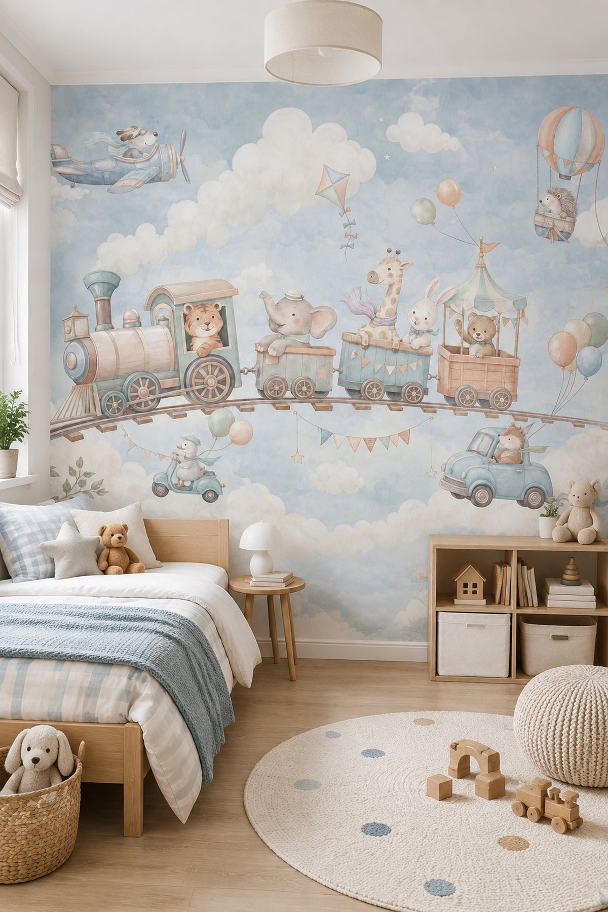 Toy Train And Sky Animals Wallpaper Watercolor Kids Wall Mural