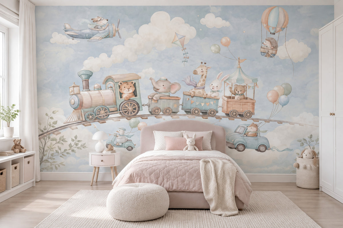 Toy Train And Sky Animals Wallpaper Watercolor Kids Wall Mural
