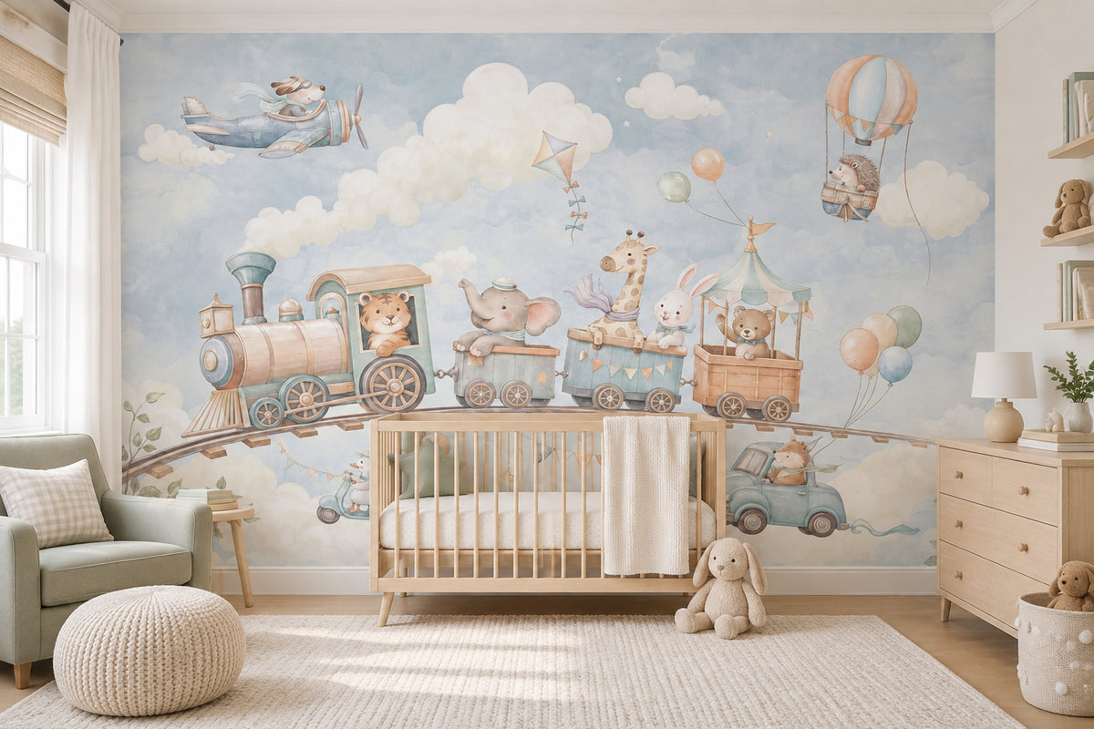 Toy Train And Sky Animals Wallpaper Watercolor Kids Wall Mural