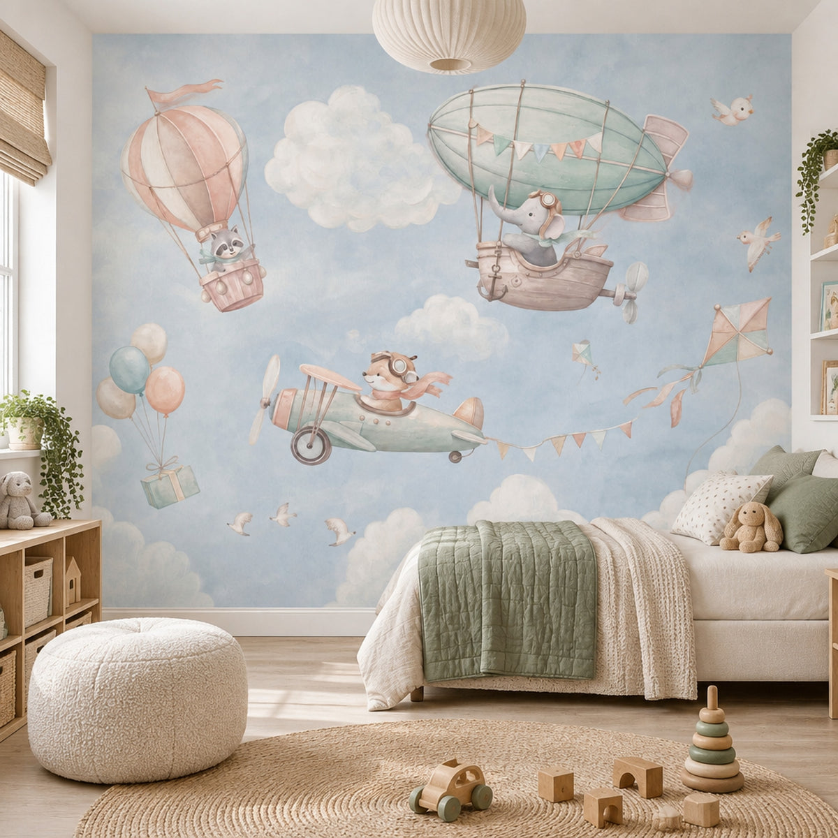 Hot Air Balloon Wallpaper Watercolor Animals Sky Wall Mural