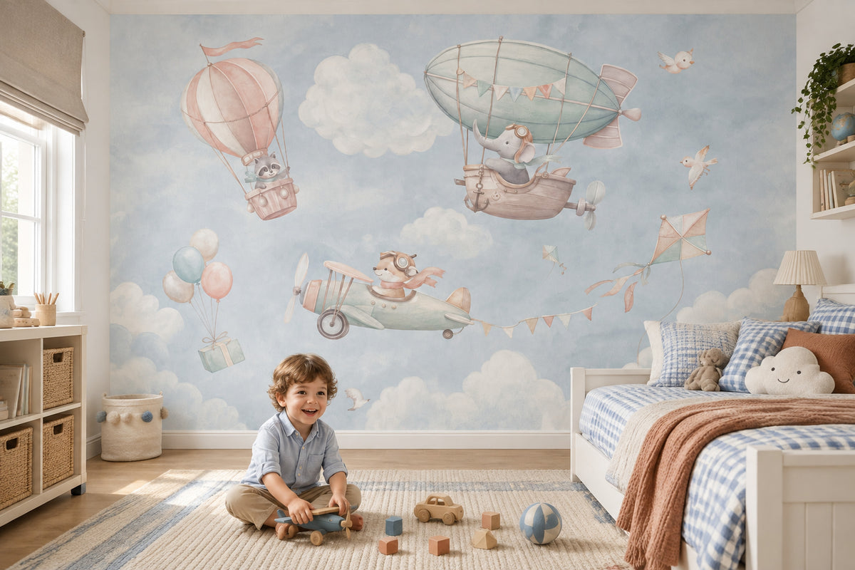 Hot Air Balloon Wallpaper Watercolor Animals Sky Wall Mural