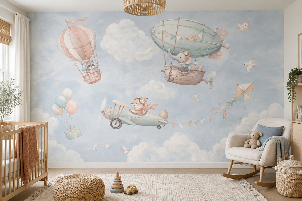 Hot Air Balloon Wallpaper Watercolor Animals Sky Wall Mural