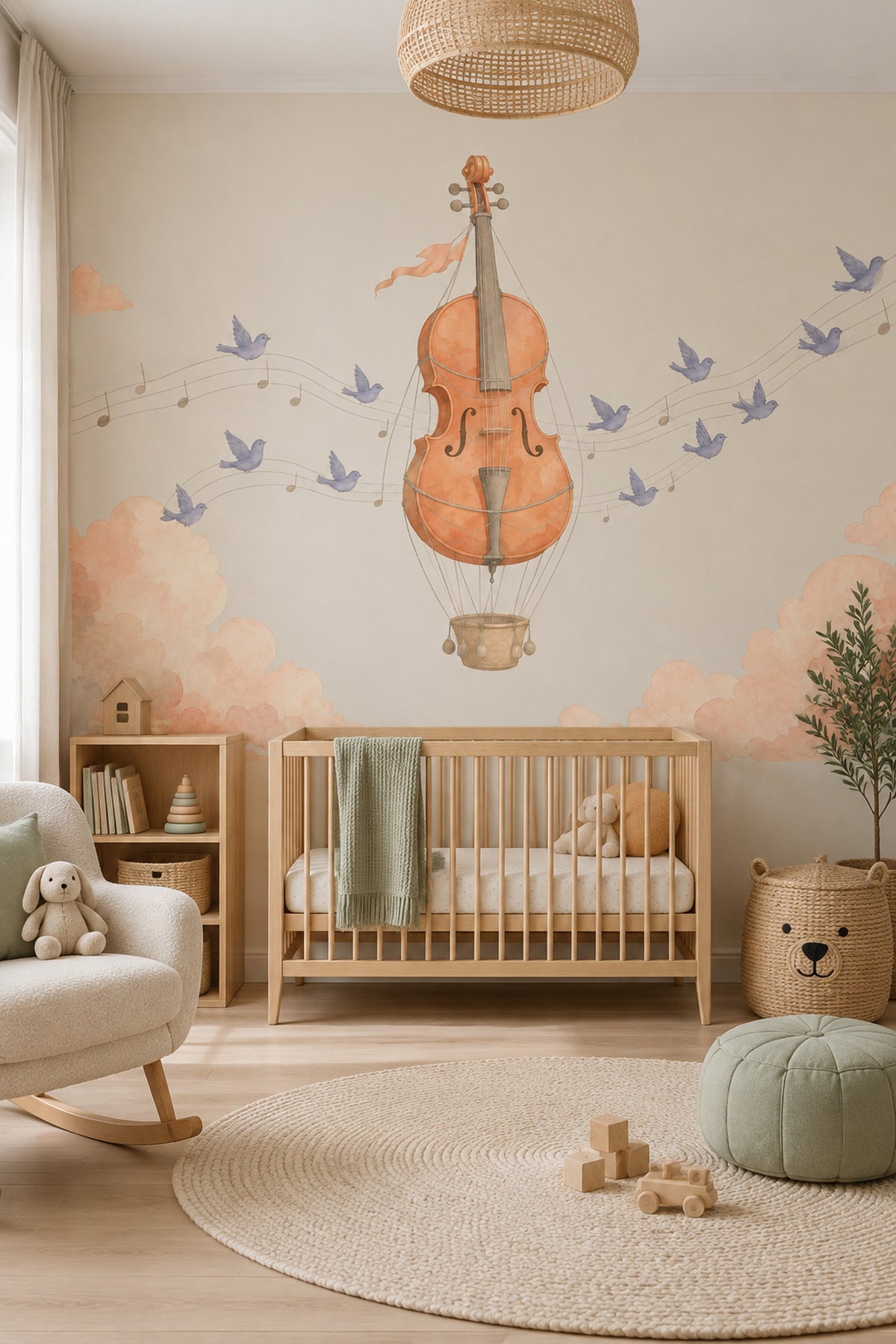 Violin Hot Air Balloon Wallpaper Watercolor Sky Wall Mural