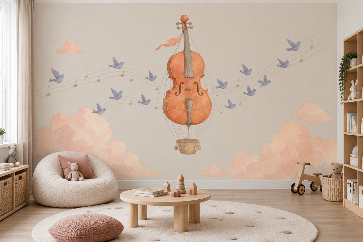 Violin Hot Air Balloon Wallpaper Watercolor Sky Wall Mural
