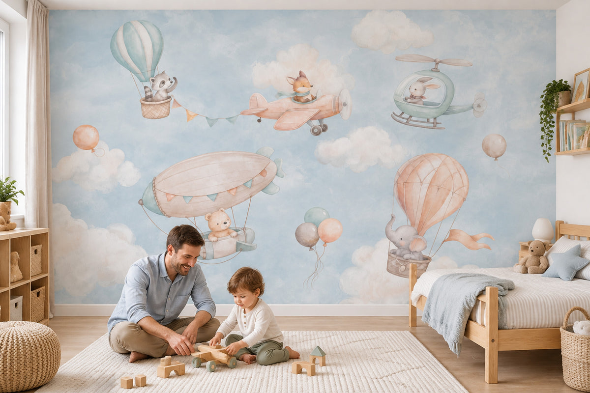 Hot Air Balloon Sky Wallpaper Watercolor Nursery Wall Mural