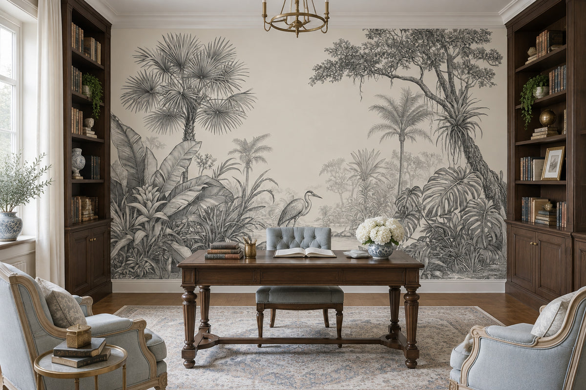 Tropical Jungle Wallpaper Black And Ivory Toile Wall Mural