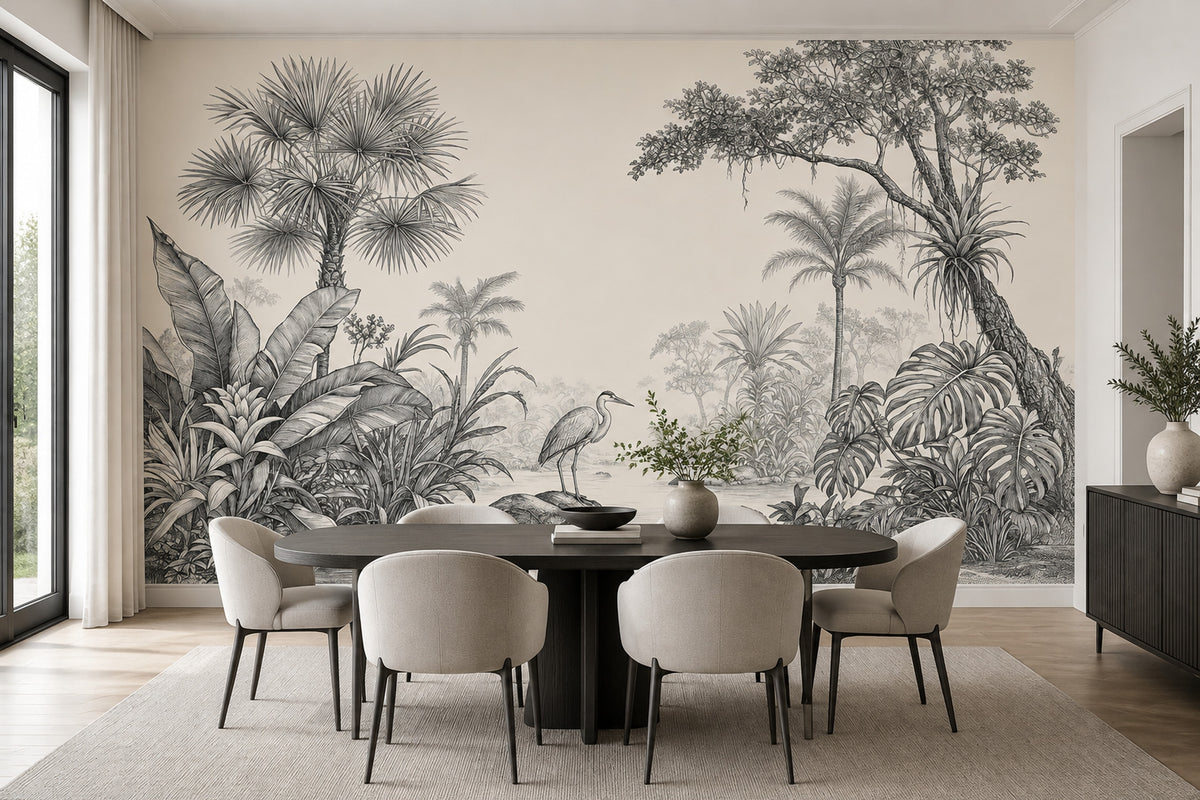 Tropical Jungle Wallpaper Black And Ivory Toile Wall Mural