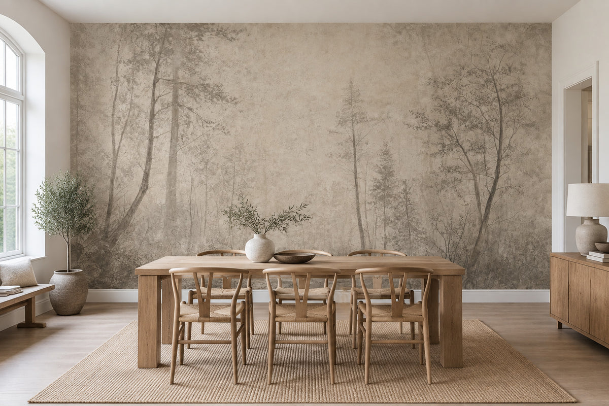 Misty Forest Path Wallpaper Sepia Paper Texture Wall Mural