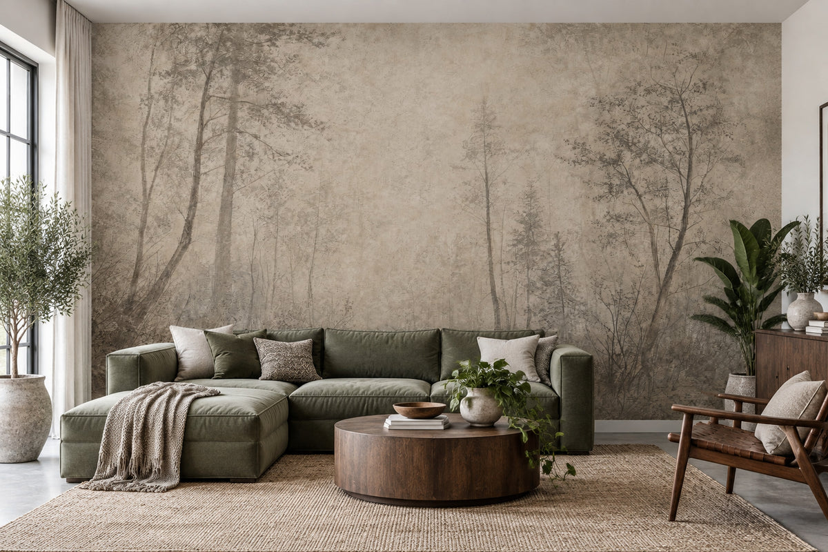 Misty Forest Path Wallpaper Sepia Paper Texture Wall Mural