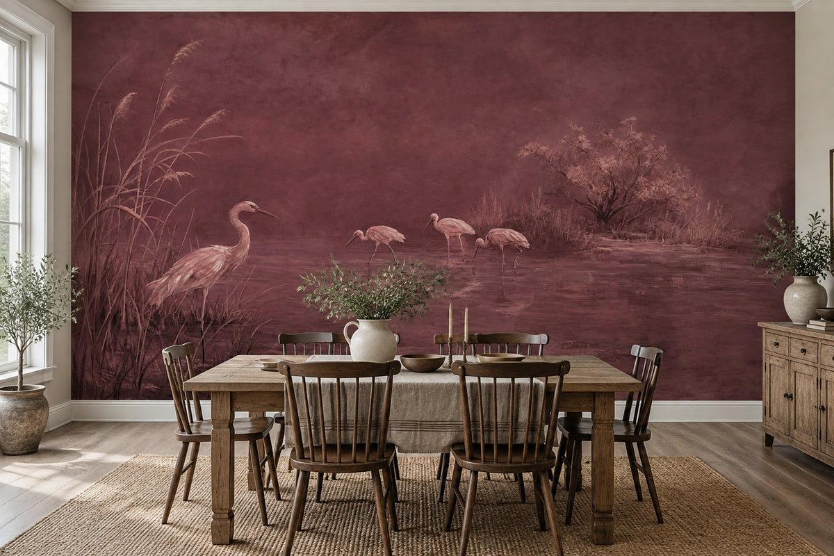 Wetland Herons Wallpaper Burgundy Painterly Wall Mural