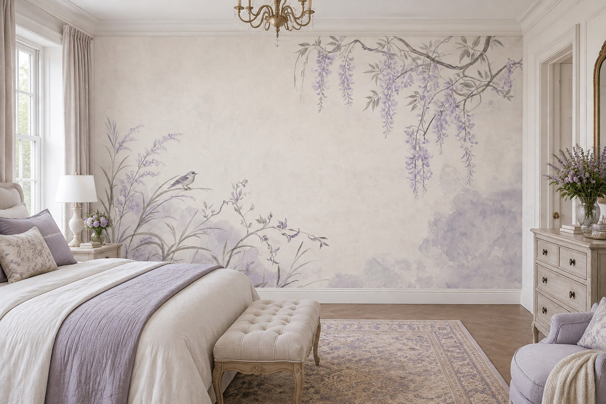 Hanging Wisteria Wallpaper Watercolor Chinoiserie Wall Mural