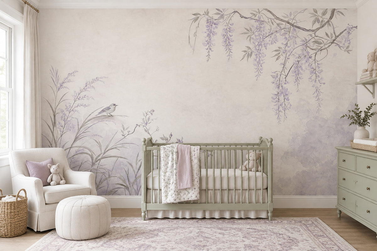 Hanging Wisteria Wallpaper Watercolor Chinoiserie Wall Mural