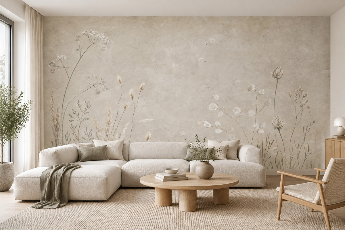 Wildflower Grasses Wallpaper Neutral Textured Wall Mural