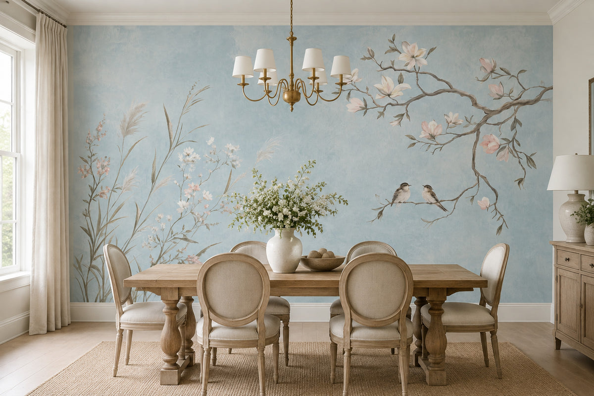 Magnolia Birds Wallpaper Pale Blue Chinoiserie Wall Mural
