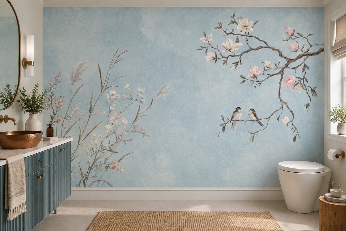 Magnolia Birds Wallpaper Pale Blue Chinoiserie Wall Mural