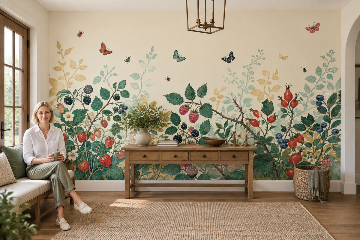 Vintage Berry Branches Wallpaper Botanical Garden Wall Mural