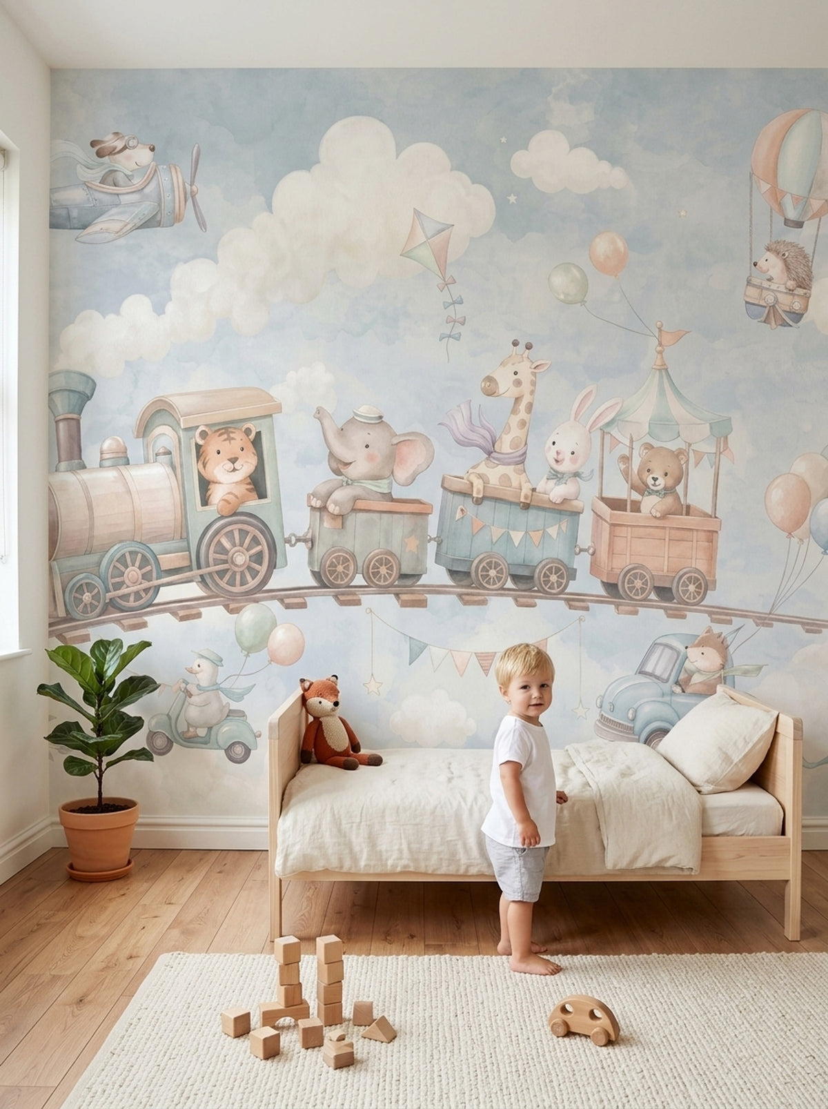 Toy Train And Sky Animals Wallpaper Watercolor Kids Wall Mural