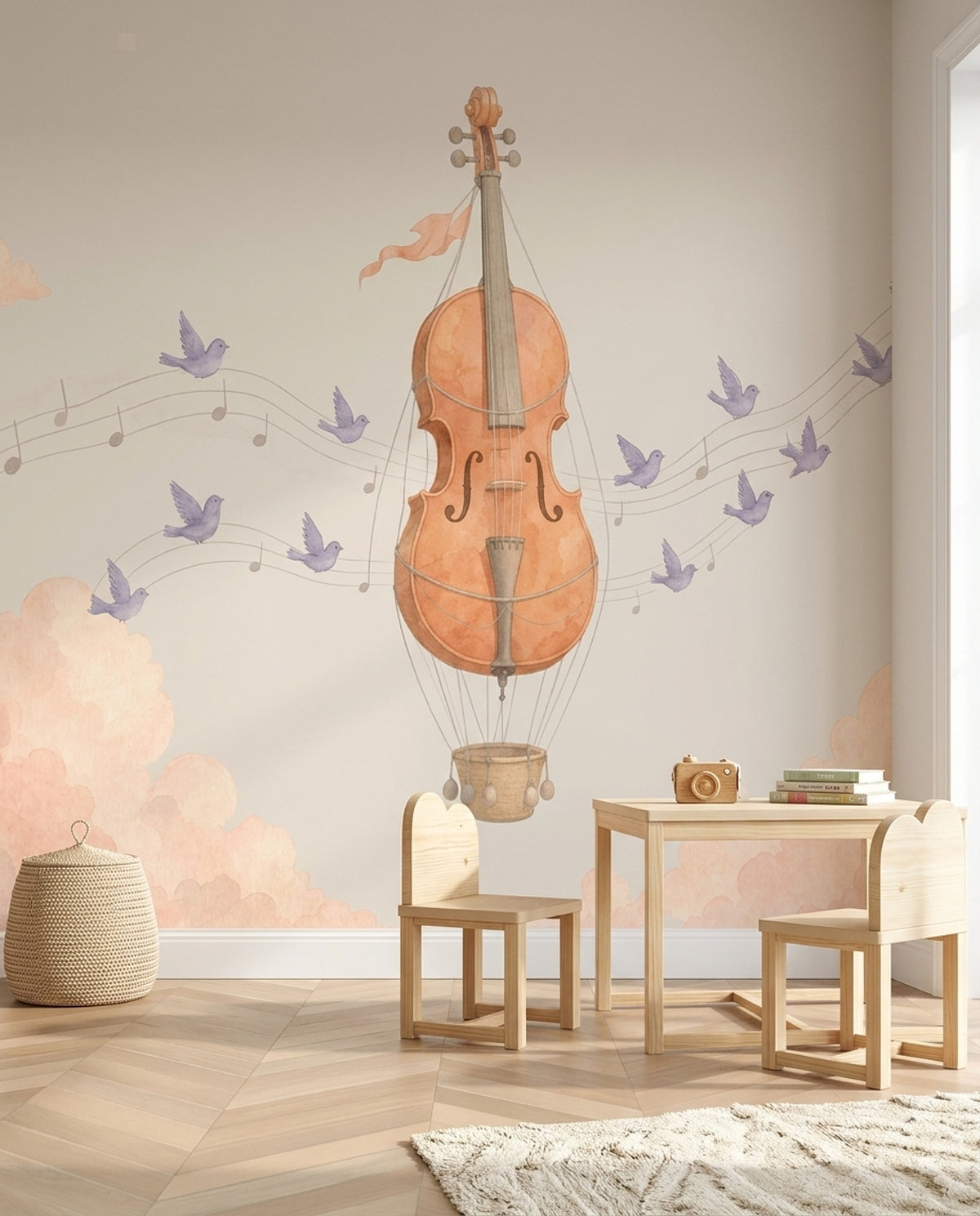 Violin Hot Air Balloon Wallpaper Watercolor Sky Wall Mural