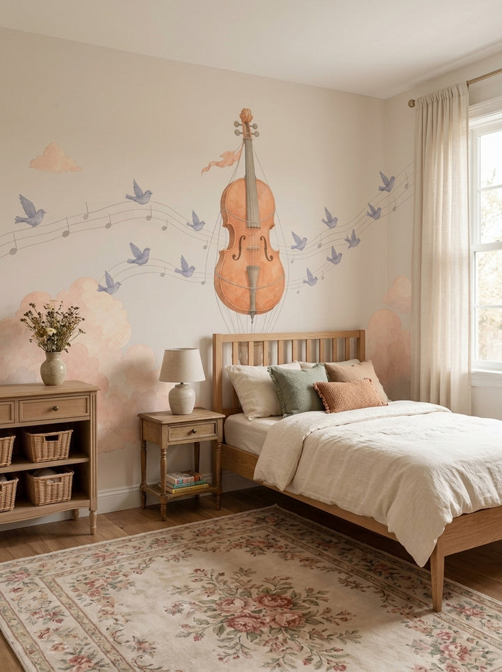 Violin Hot Air Balloon Wallpaper Watercolor Sky Wall Mural