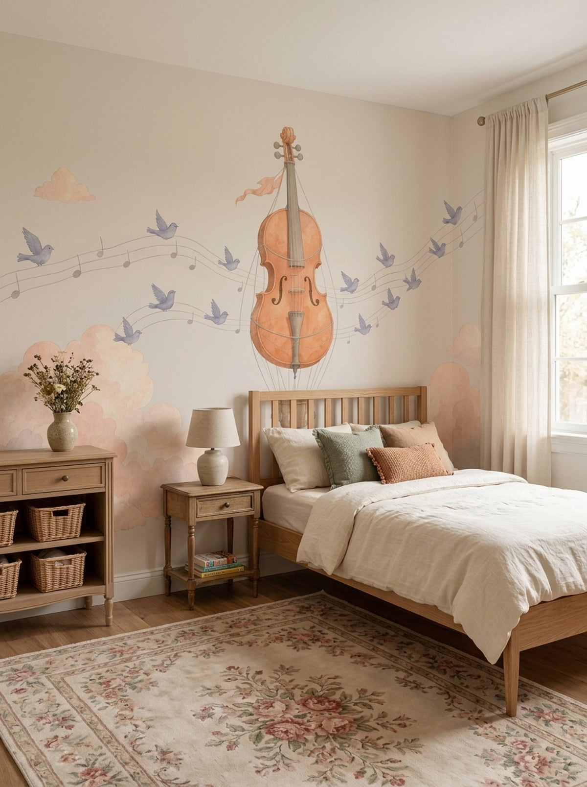 Violin Hot Air Balloon Wallpaper Watercolor Sky Wall Mural