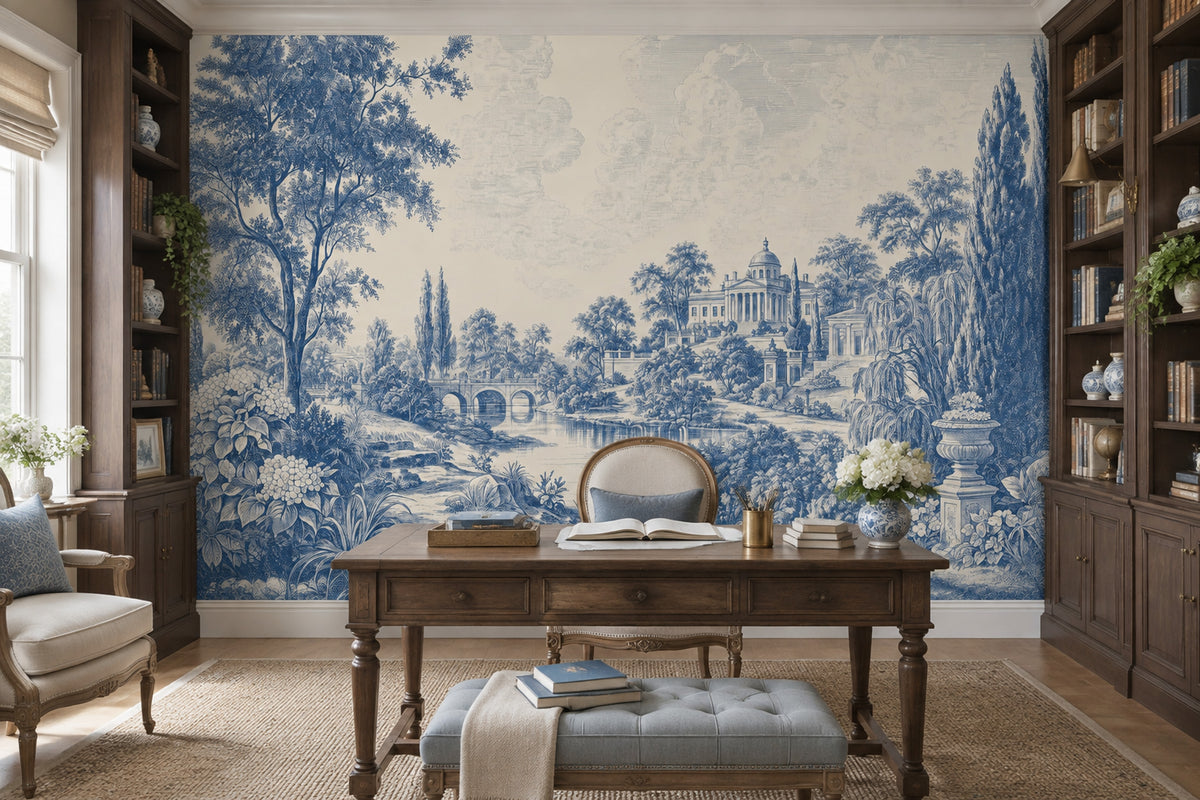Blue Toile Garden Scene Wallpaper Vintage Engraving Wall Mural