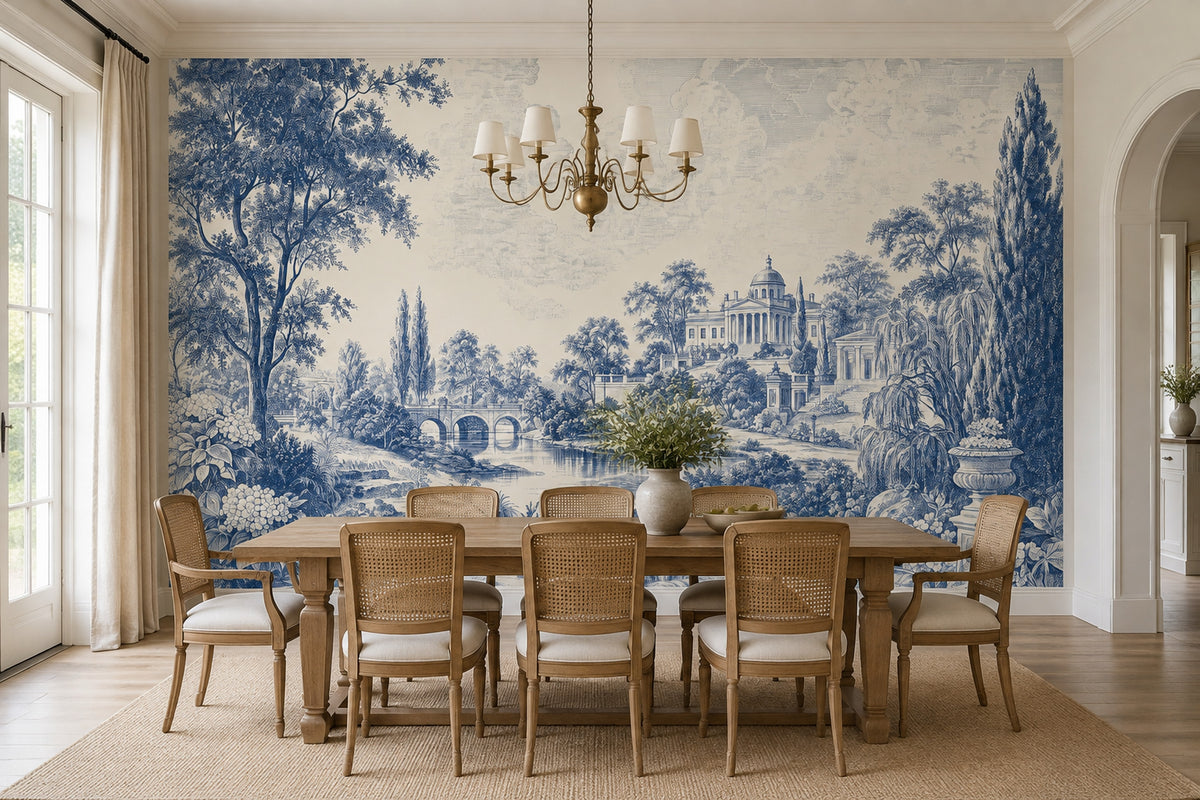 Blue Toile Garden Scene Wallpaper Vintage Engraving Wall Mural