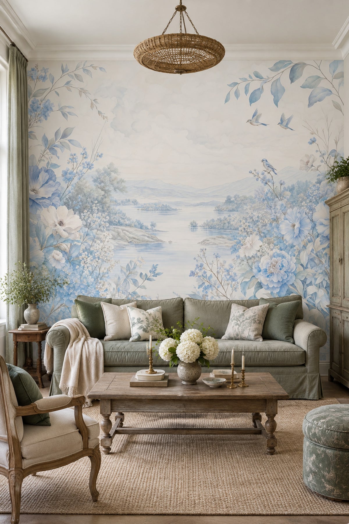 Blue Floral Landscape Wallpaper Watercolor Chinoiserie Wall Mural