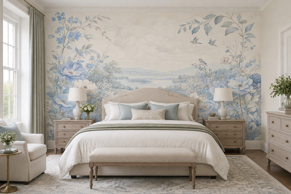 Blue Floral Landscape Wallpaper Watercolor Chinoiserie Wall Mural