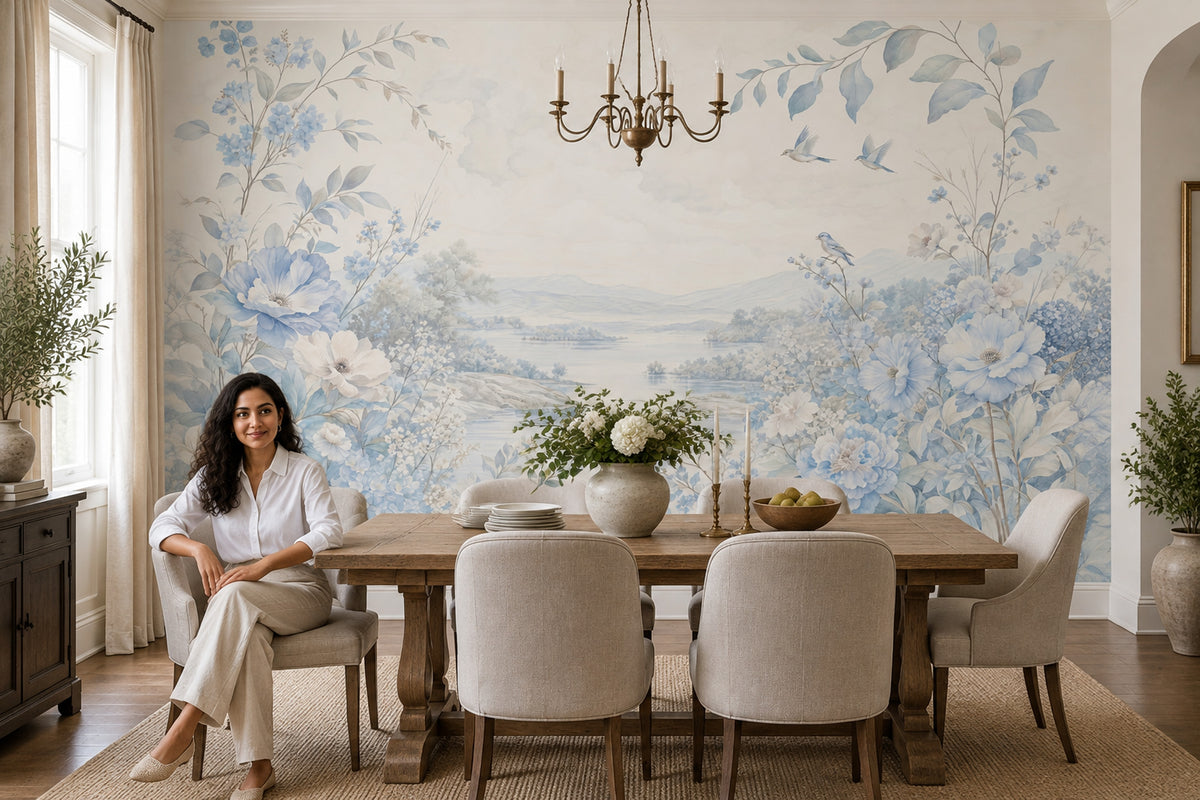 Blue Floral Landscape Wallpaper Watercolor Chinoiserie Wall Mural