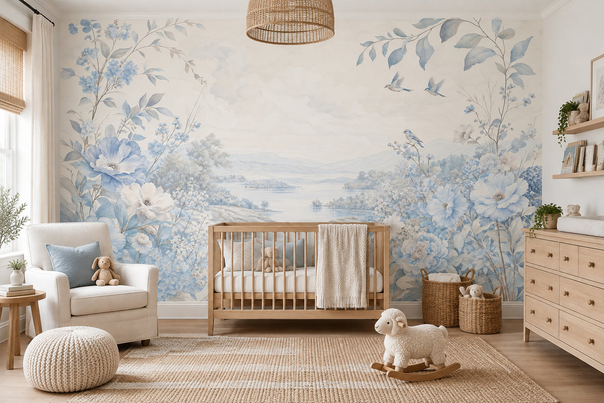 Blue Floral Landscape Wallpaper Watercolor Chinoiserie Wall Mural