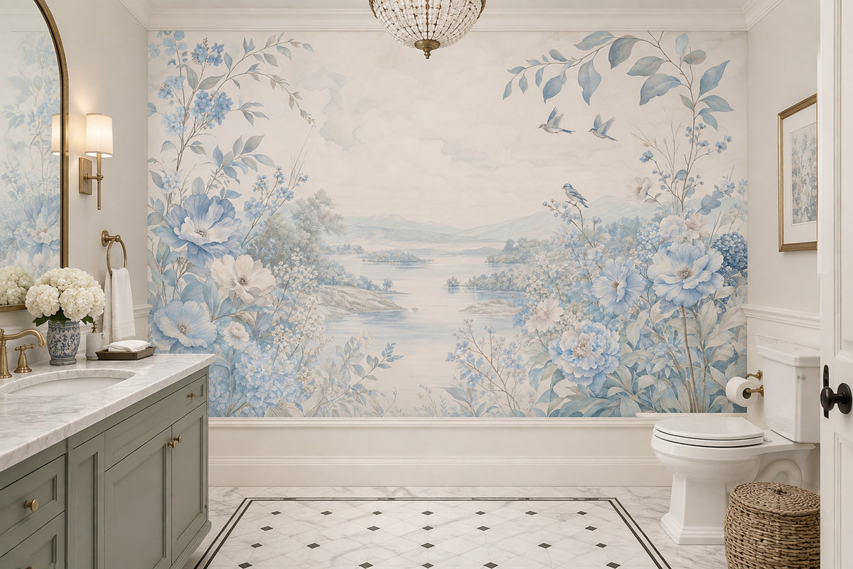Blue Floral Landscape Wallpaper Watercolor Chinoiserie Wall Mural
