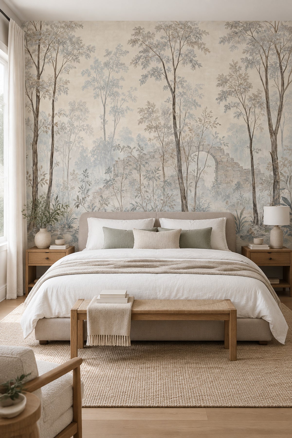 Misty Woodland Trees Wallpaper Vintage Stone Ruins Wall Mural