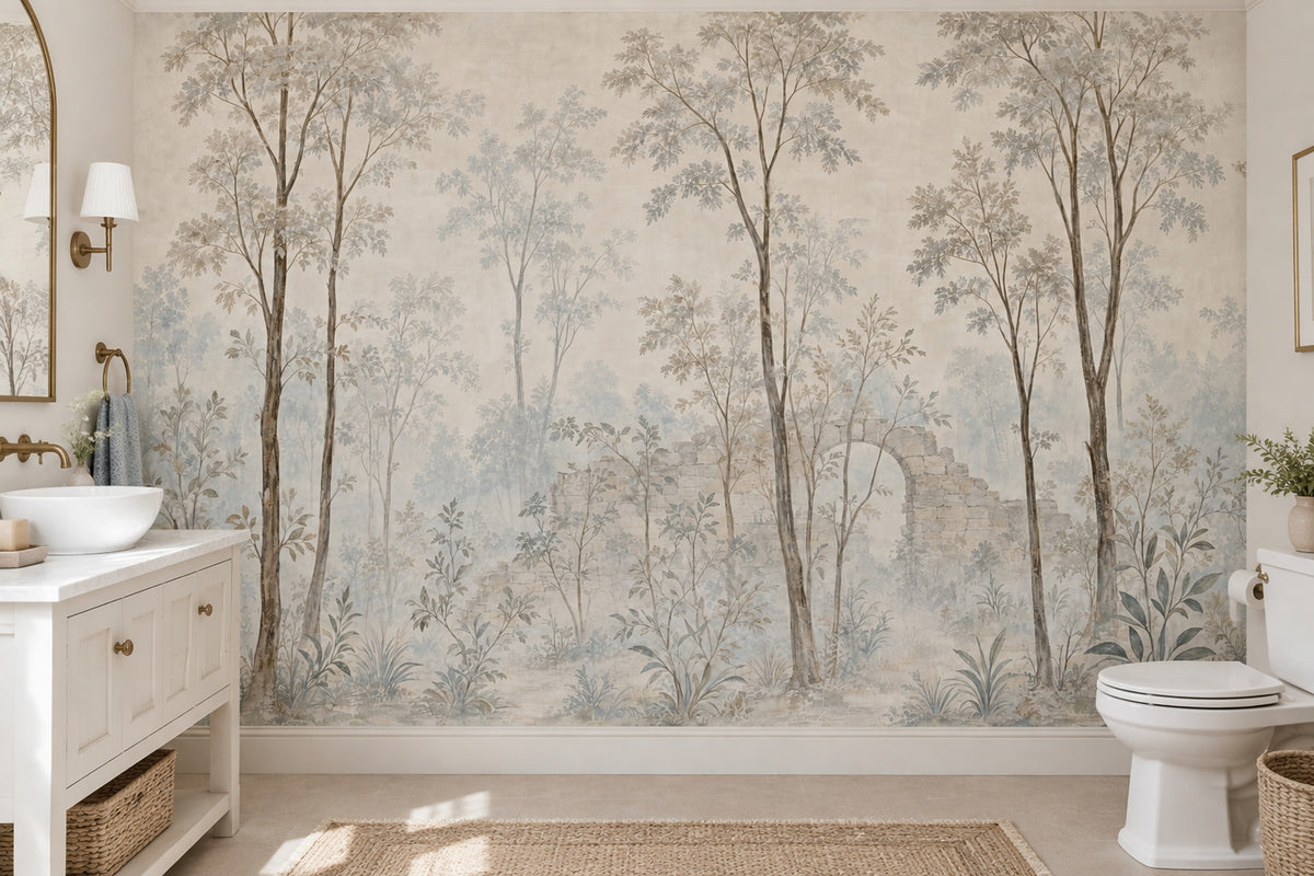 Misty Woodland Trees Wallpaper Vintage Stone Ruins Wall Mural