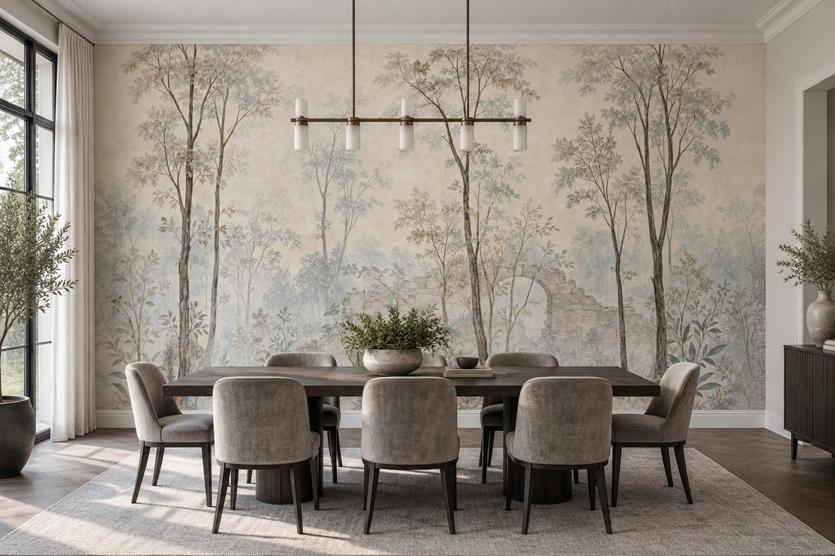 Misty Woodland Trees Wallpaper Vintage Stone Ruins Wall Mural