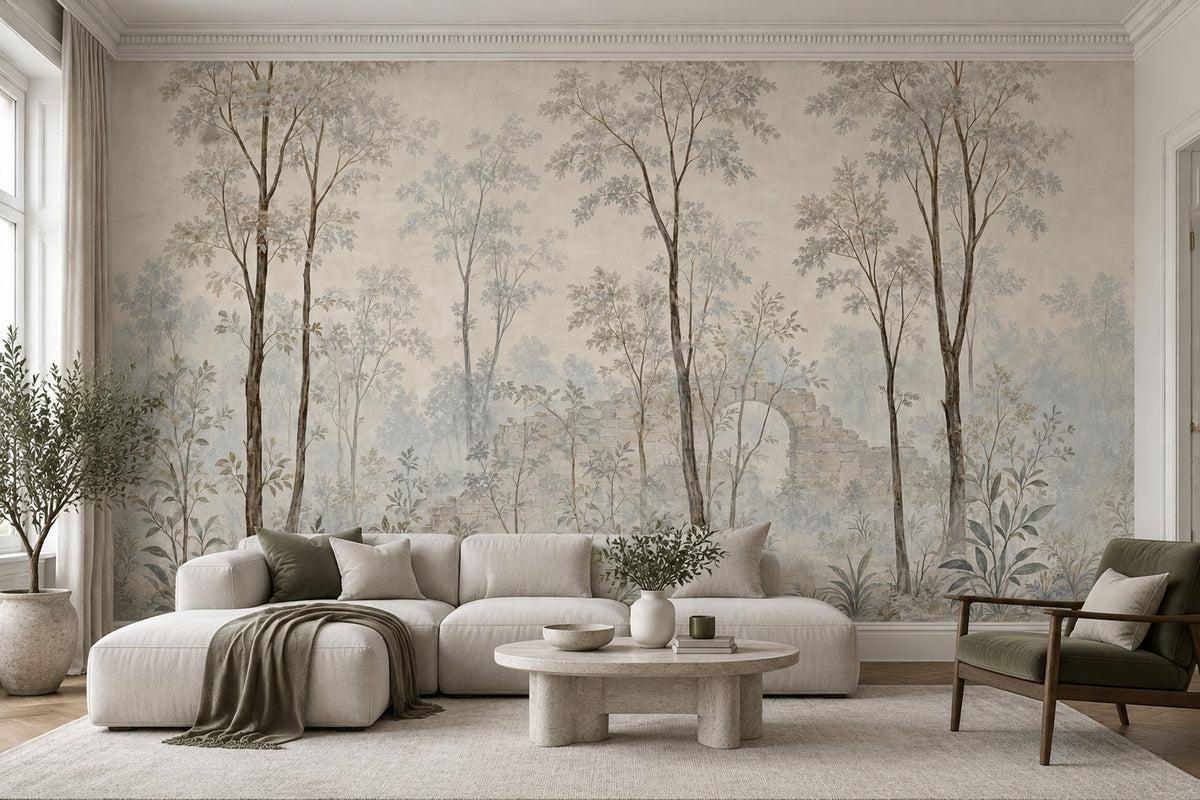 Misty Woodland Trees Wallpaper Vintage Stone Ruins Wall Mural