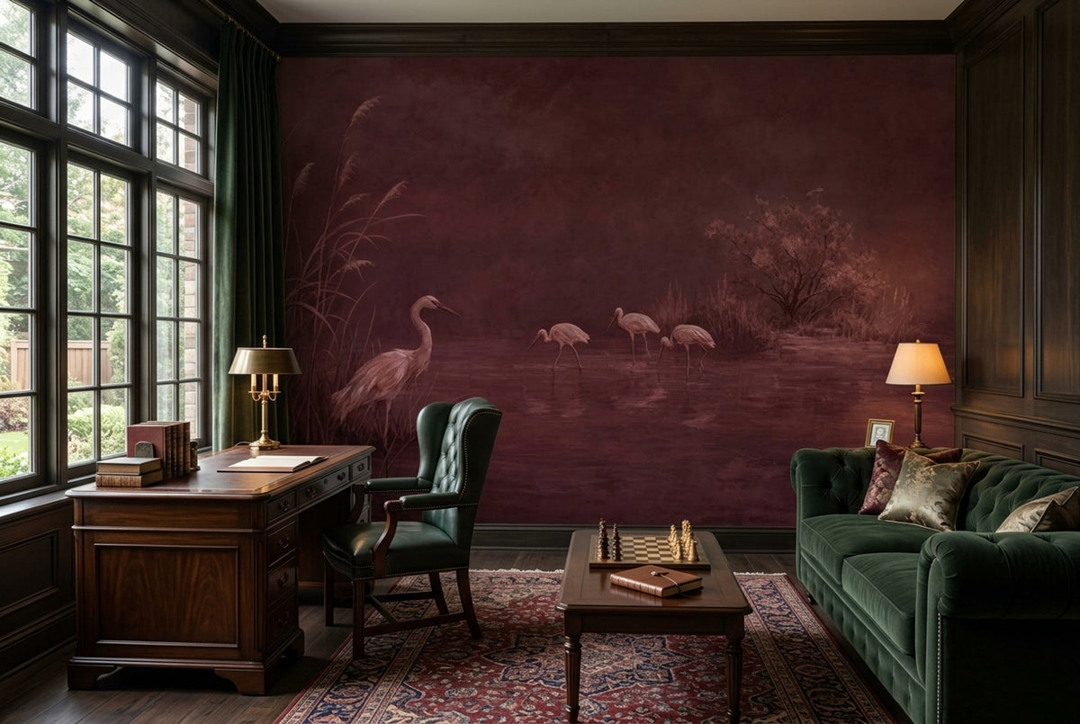 Wetland Herons Wallpaper Burgundy Painterly Wall Mural