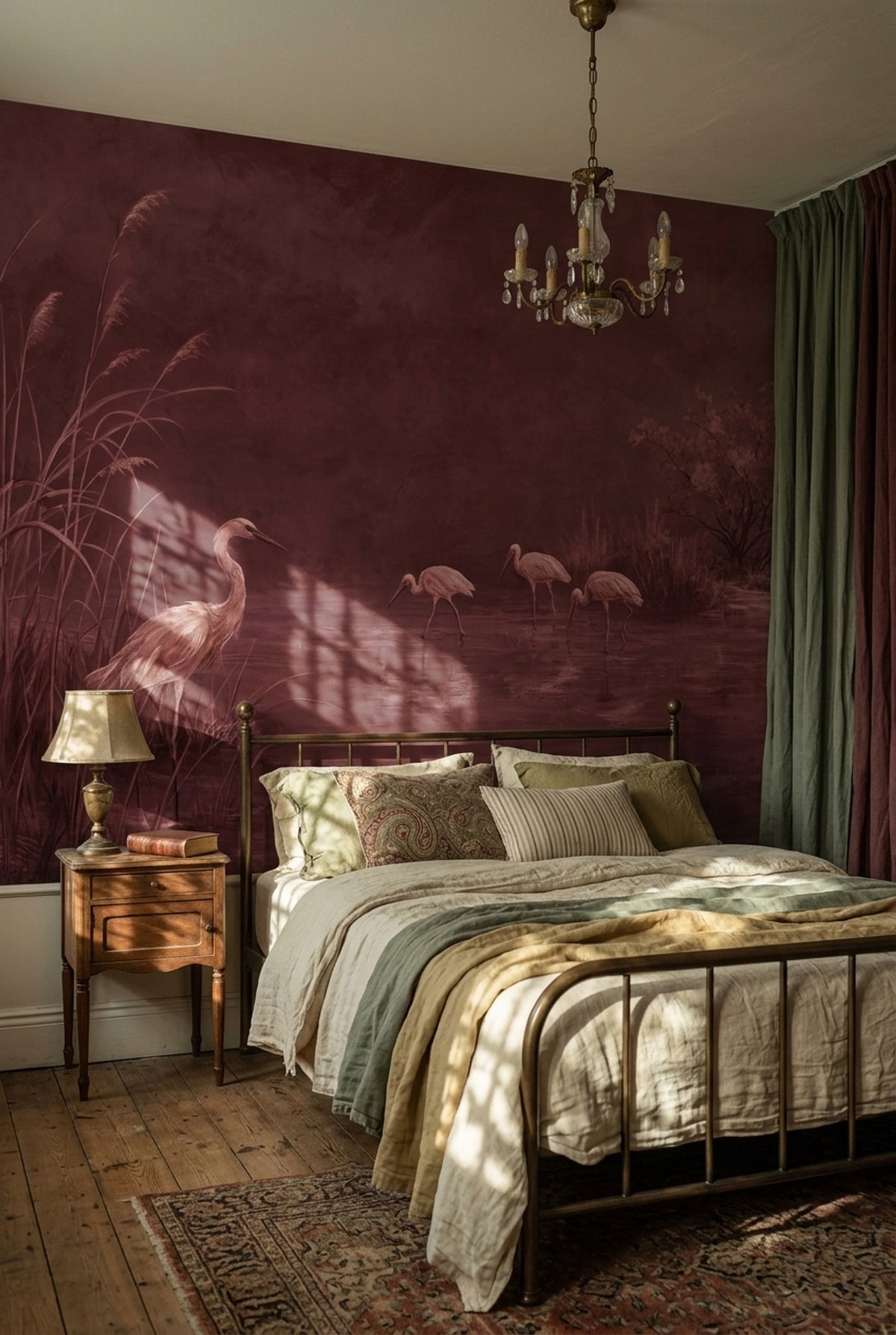 Wetland Herons Wallpaper Burgundy Painterly Wall Mural