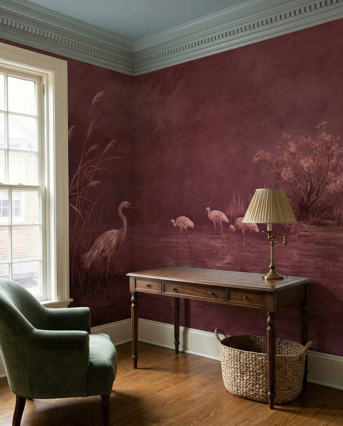 Wetland Herons Wallpaper Burgundy Painterly Wall Mural
