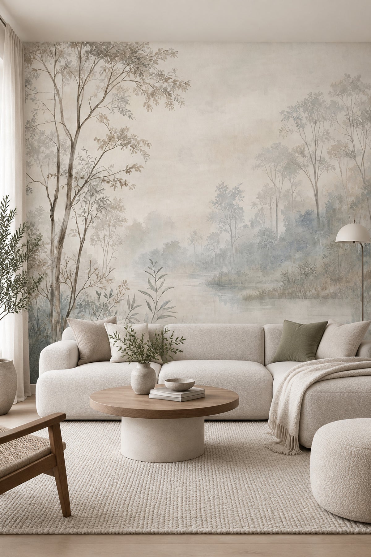 Misty Woodland Trees Wallpaper Watercolor Landscape Wall Mural