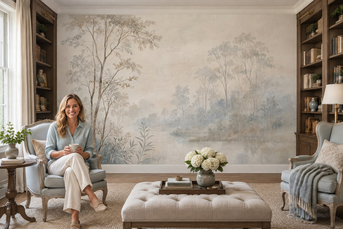 Misty Woodland Trees Wallpaper Watercolor Landscape Wall Mural