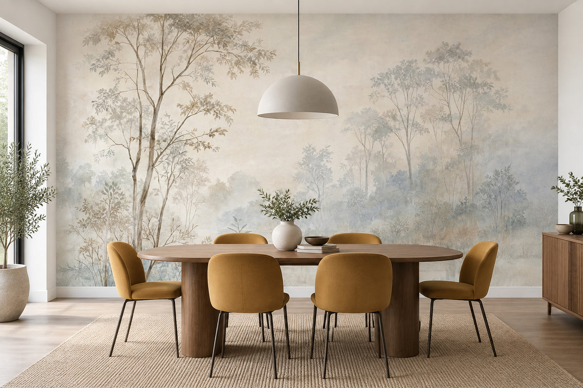 Misty Woodland Trees Wallpaper Watercolor Landscape Wall Mural
