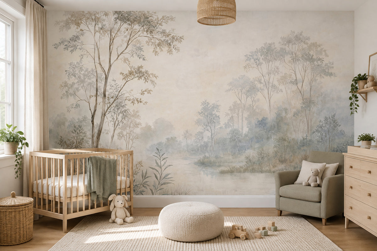 Misty Woodland Trees Wallpaper Watercolor Landscape Wall Mural