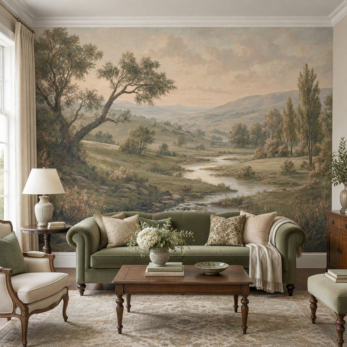 Pastoral River Landscape Wallpaper Vintage Countryside Wall Mural