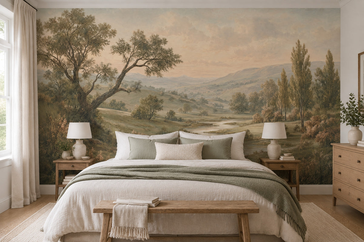 Pastoral River Landscape Wallpaper Vintage Countryside Wall Mural