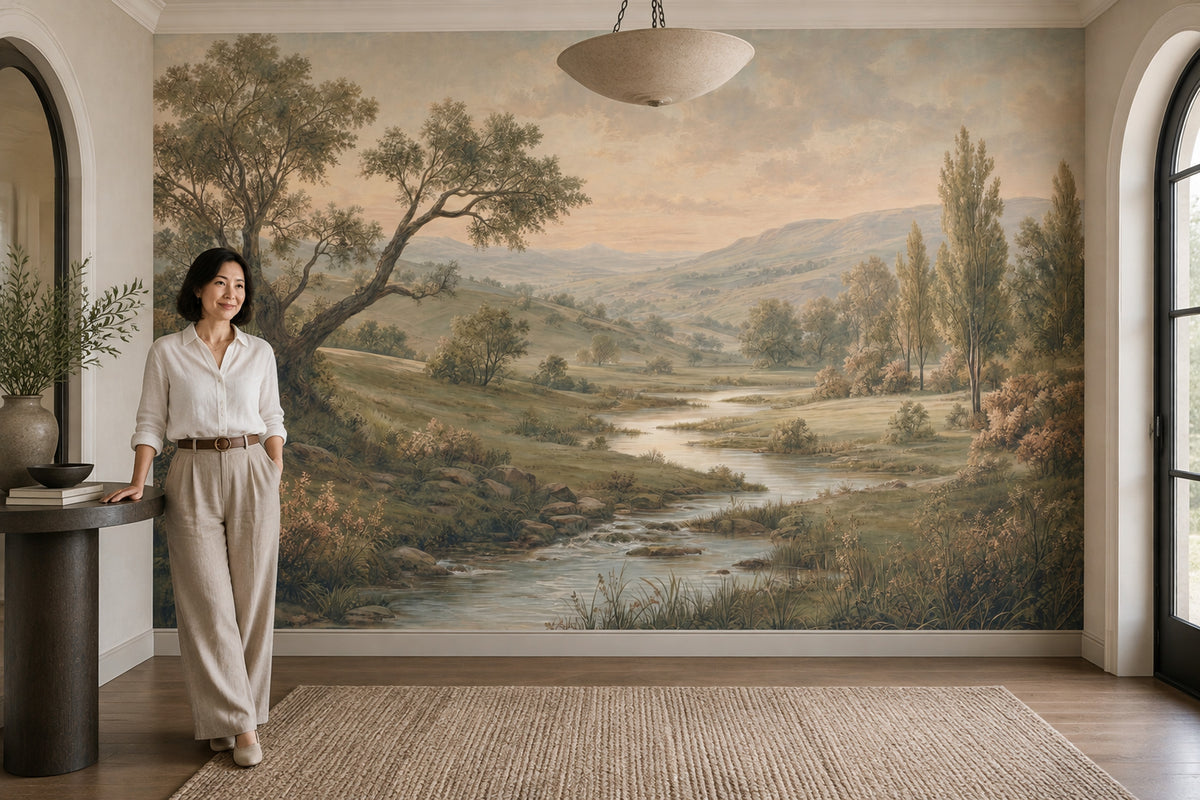 Pastoral River Landscape Wallpaper Vintage Countryside Wall Mural